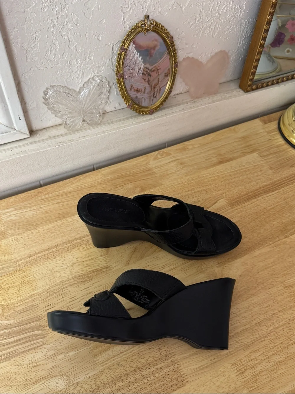 Nine West Black Leather Platform Wedge Slide Sandals Size 7.5 Y2K Minimalist